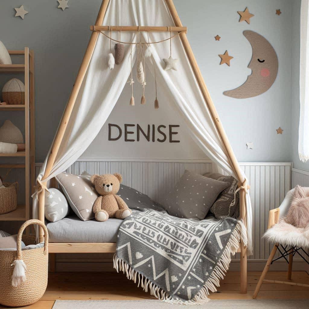 Une chambre de petite fille qui se nomme denise avec un lit cabane un tapis de fourrure style scandinave des coussins en forme d etoiles et de lune avec denise brode sur un coussin