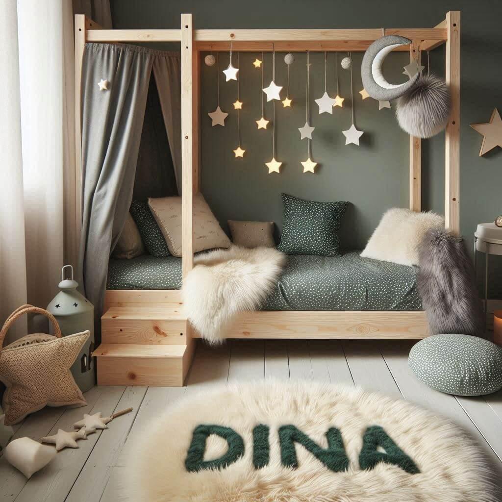 Une chambre de petite fille qui se nomme dina avec un lit cabane un tapis de fourrure style scandinave coussins en forme d etoiles coussins en forme de lune dina est brode sur un c