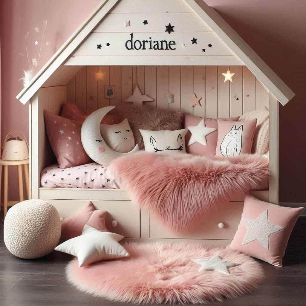 Une chambre de petite fille qui se nomme doriane avec un lit cabane un tapis de fourrure style scandinave coussins en forme d etoiles coussins en forme de lune doriane est brode su
