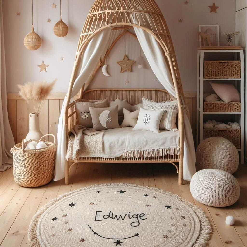 Une chambre de petite fille qui se nomme edwige avec un lit cabane en rotin un tapis en laine moelleuse style boheme chic une deco douce et naturelle des coussins en lin brode en f