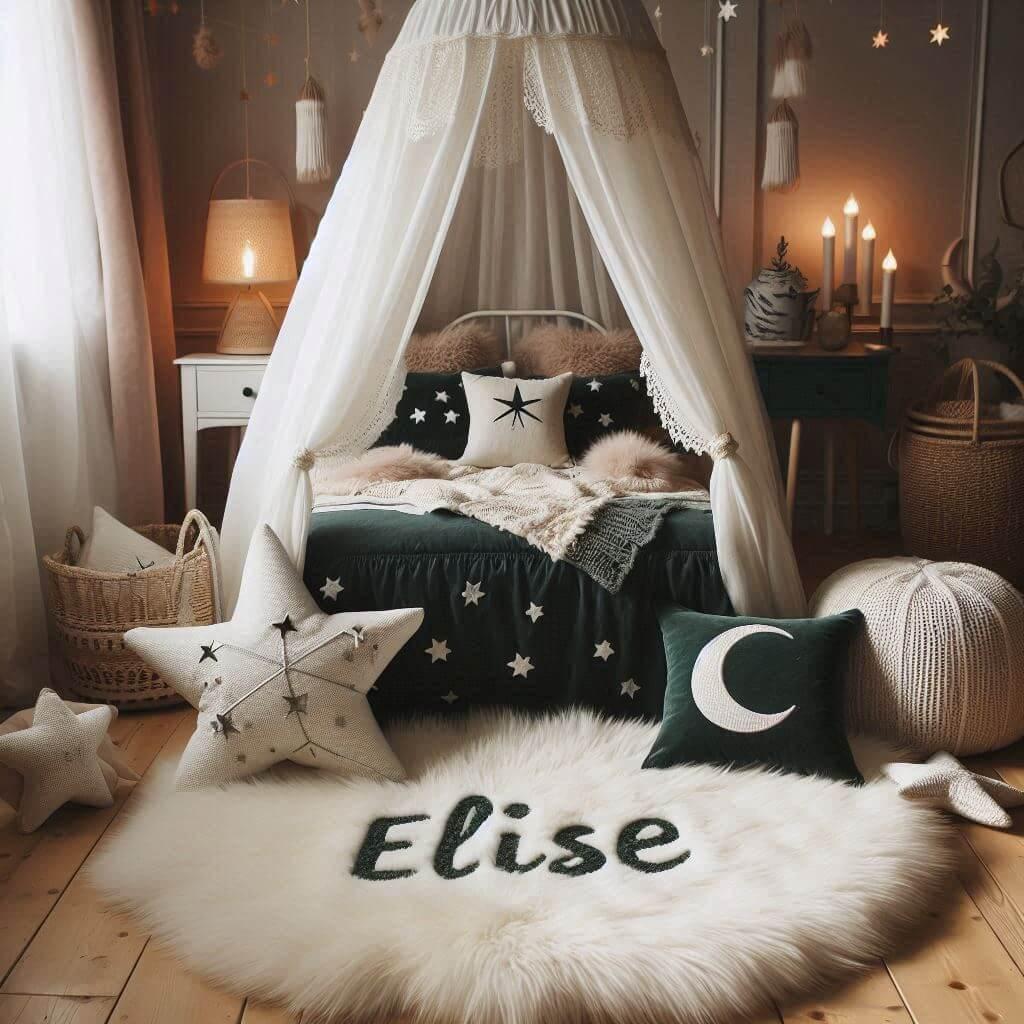 Une chambre de petite fille qui se nomme elise avec un lit cabane un tapis de fourrure style scandinave coussins en forme d etoiles coussins en forme de lune lucienne est brode sur