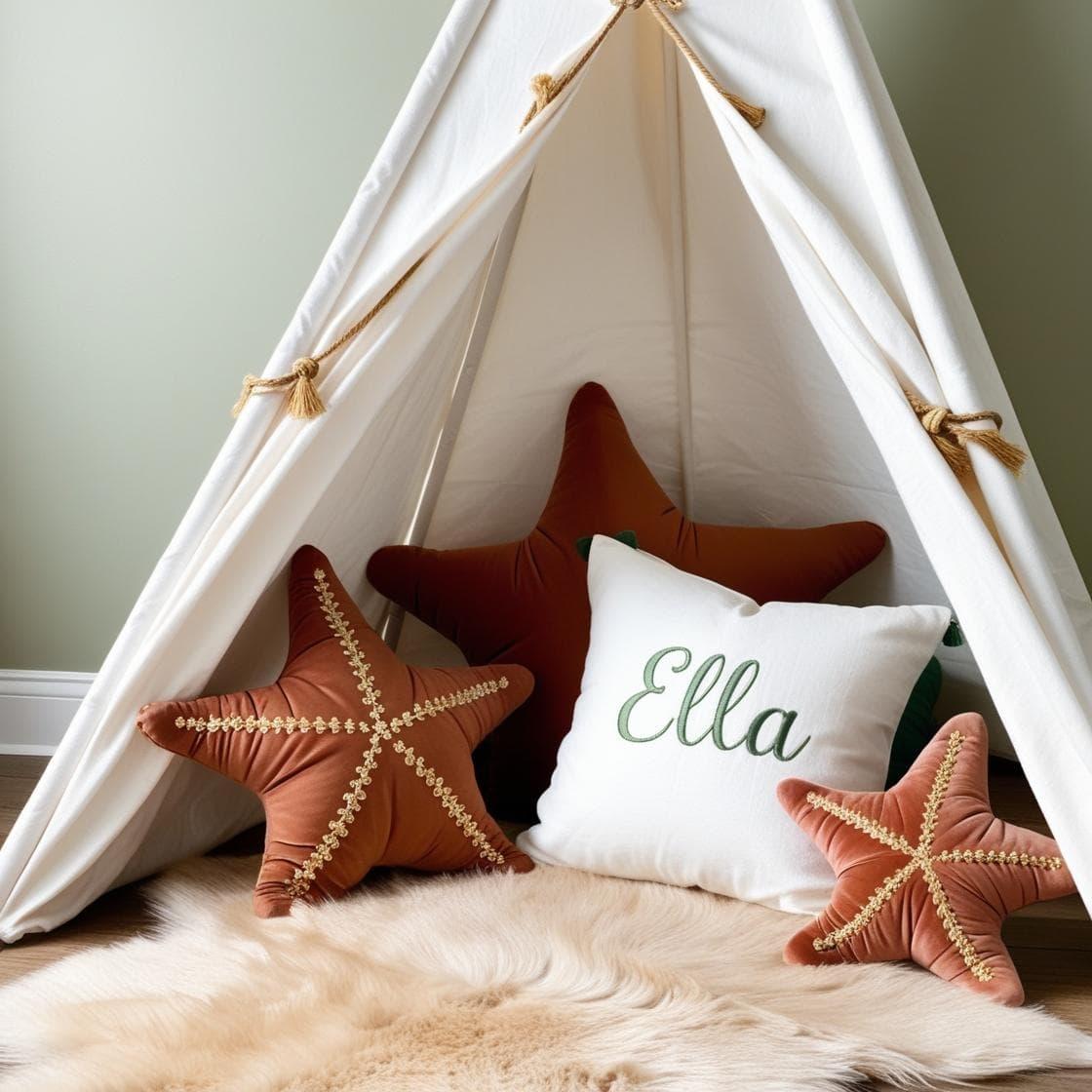 Une chambre de petite fille qui se nomme ella avec un lit tipi et il y a un tapis de fourrure coussins en forme d etoiles de mer ella est brode sur un coussin couleurs blanc vert b
