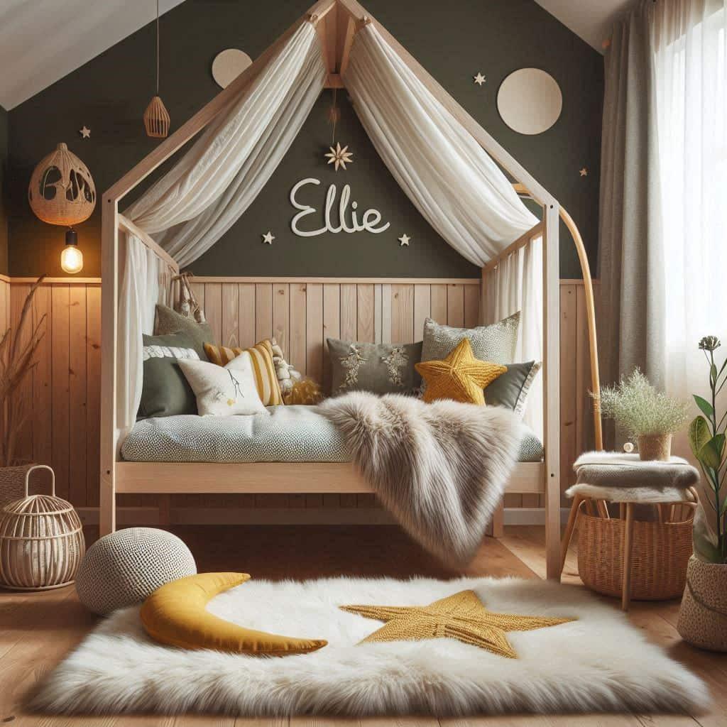 Une chambre de petite fille qui se nomme ellie avec un lit cabane un tapis de fourrure style scandinave coussins en forme d etoiles coussins en forme de lune ellie