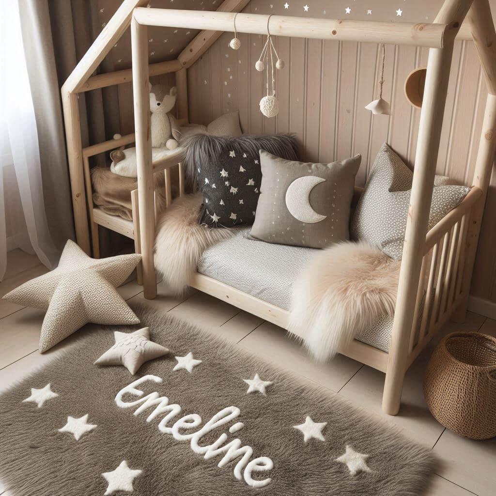 Une chambre de petite fille qui se nomme emeline avec un lit cabane un tapis de fourrure style scandinave des coussins en forme d etoiles et de lune avec emeline brode sur un couss