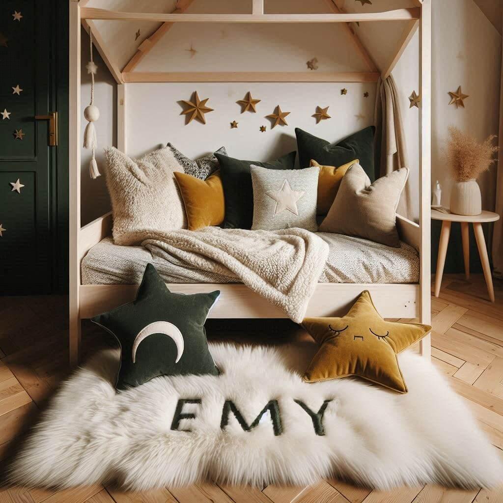 Une chambre de petite fille qui se nomme emy avec un lit cabane un tapis de fourrure style scandinave coussins en forme d etoiles coussins en forme de lune emy est brode sur un cou