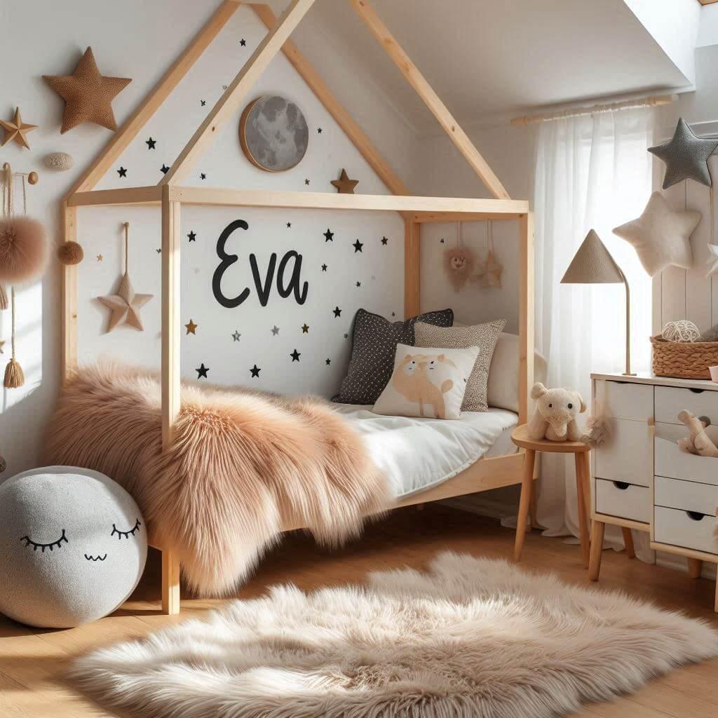 Chambre de petite fille avec lit cabane, tapis fourrure style scandinave, coussins étoiles et lune, prénom Eva peint sur le mur