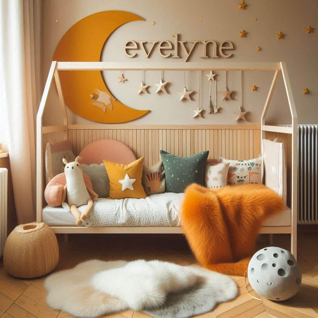 Une chambre de petite fille qui se nomme evelyne avec un lit cabane montessori un tapis de fourrure style scandinave coussins en forme detoiles coussins en forme de lune le prenom