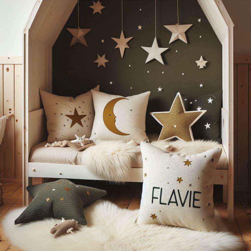 Une chambre de petite fille qui se nomme flavie avec un lit cabane un tapis de fourrure style scandinave coussins en forme d etoiles coussins en forme de lune flavie est brode sur
