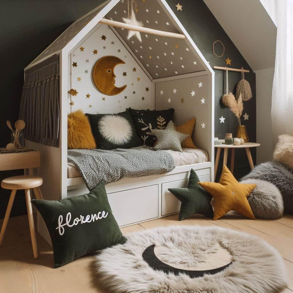 Une chambre de petite fille qui se nomme florence avec un lit cabane un tapis de fourrure style scandinave coussins en forme d etoiles coussins en forme de lune florence est brode