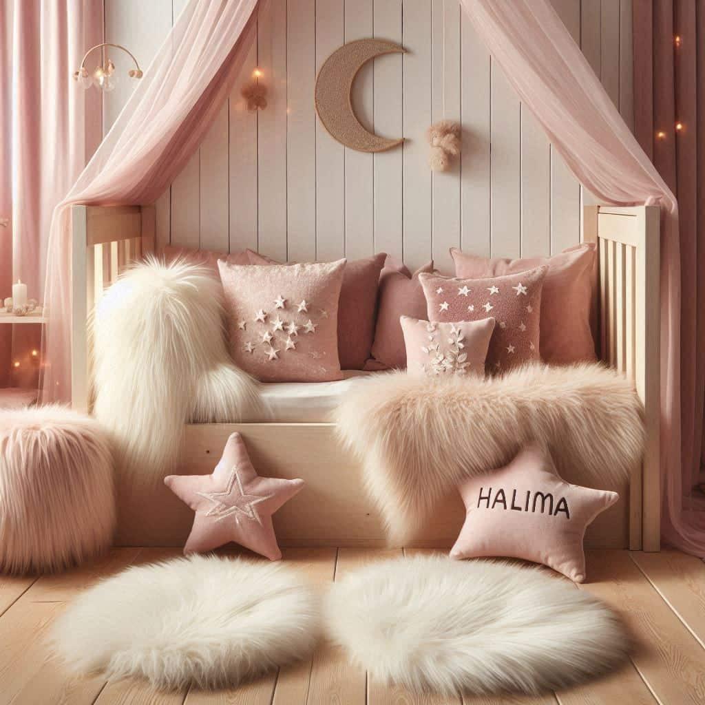 Une chambre de petite fille qui se nomme halima avec un lit cabane un tapis de fourure style scandinave couleurs rose poudre et rose pastel