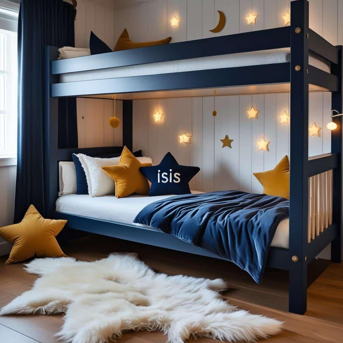 Une chambre de petite fille qui se nomme isis avec un lit cabane un tapis de fourrure style scandinave coussins en forme d etoiles coussins en forme de lune couleurs bleu fonce mou