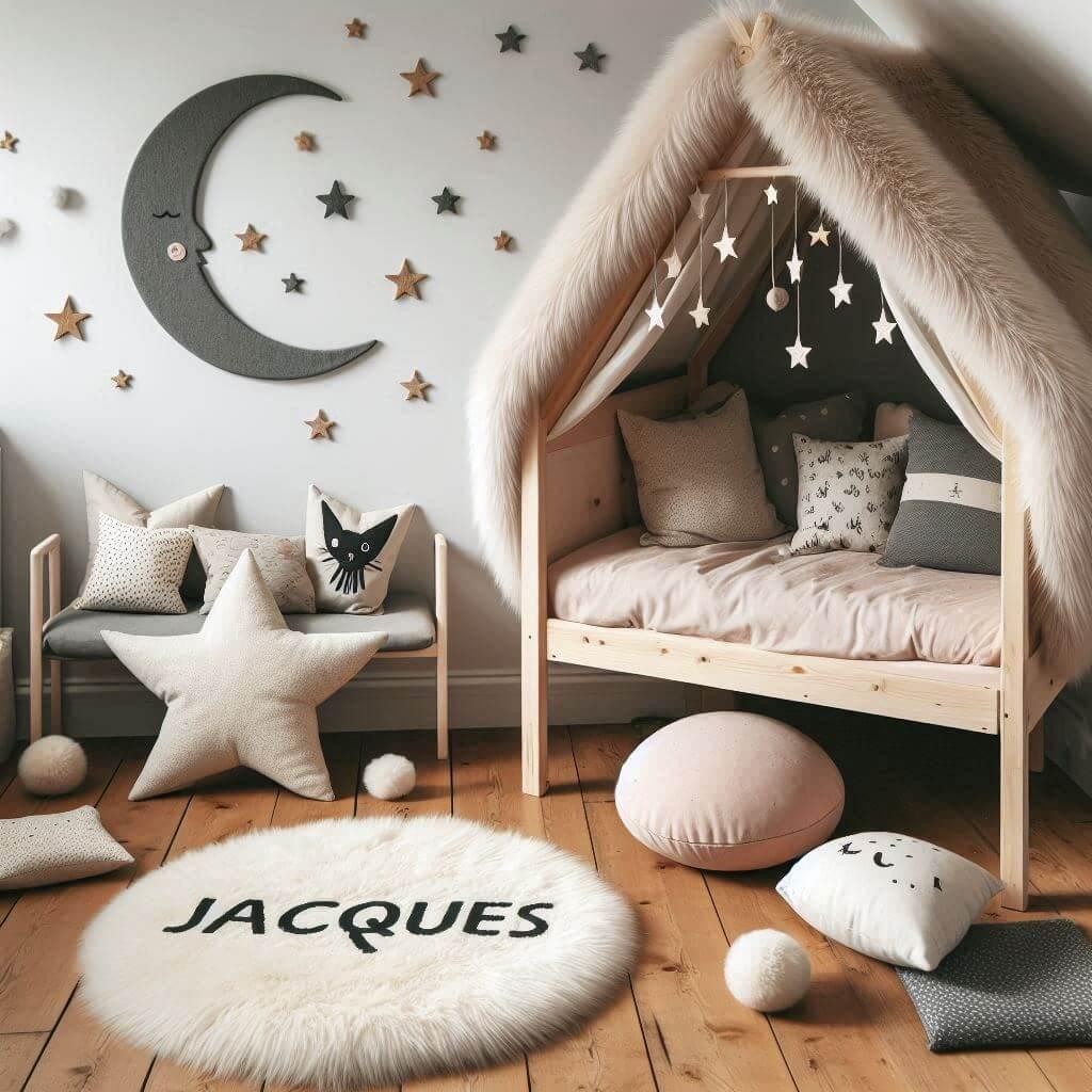 Une chambre de petite fille qui se nomme jacques avec un lit cabane un tapis de fourrure style scandinave coussins en forme d etoiles coussins en forme de lune jacques est brode su