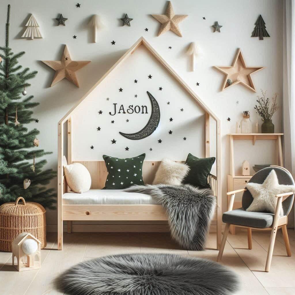 Une chambre de petite fille qui se nomme jason avec un lit cabane un tapis de fourure style scandinave coussins en forme detoiles coussins en forme de lune ludivine est brode sur u