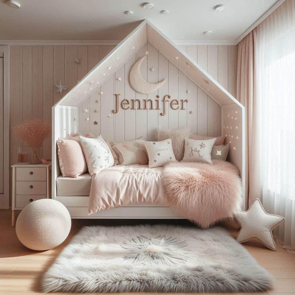 Une chambre de petite fille qui se nomme jennifer avec un lit cabane un tapis de fourrure style scandinave coussins en forme d etoiles coussins en forme de lune jennifer est brode