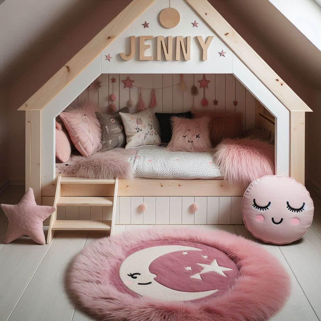 Une chambre de petite fille qui se nomme jenny avec un lit cabane un tapis de fourrure style scandinave, nuances roses