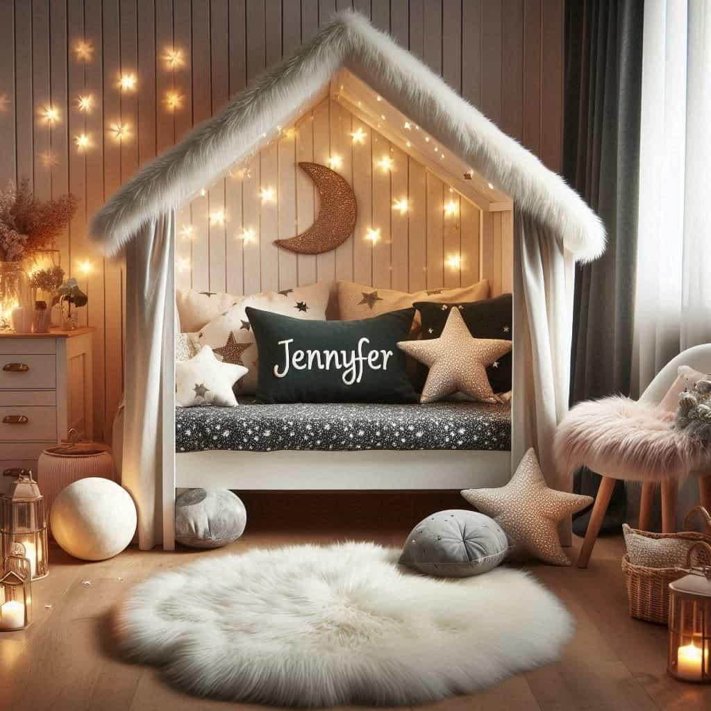 Une chambre de petite fille qui se nomme jennyfer avec un lit cabane un tapis de fourrure style scandinave coussins en forme d etoiles coussins en forme de lune