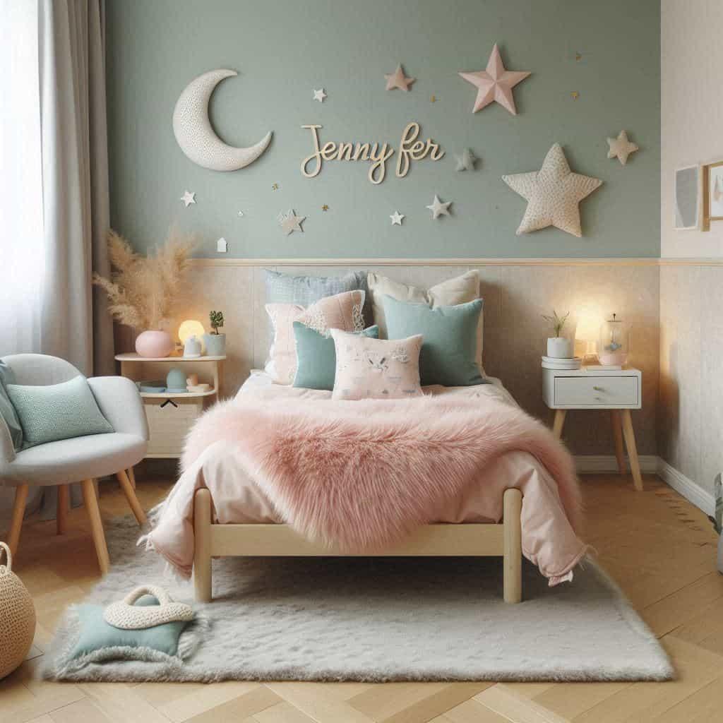 Une chambre de petite fille qui se nomme jennyfer avec un lit simple un tapis de fourrure style scandinave coussins en forme detoiles coussins en forme de lune le prenom jennyfer e