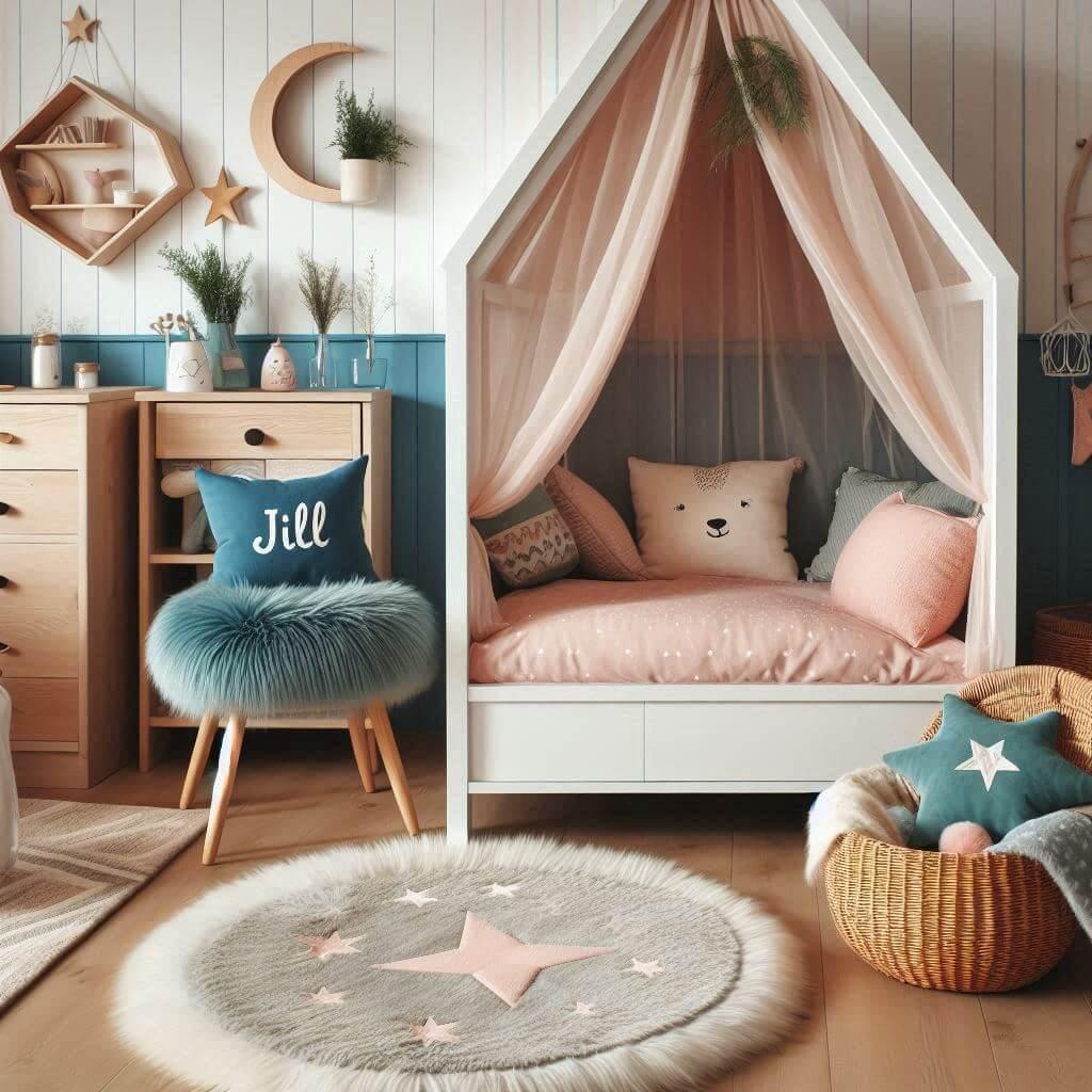 Une chambre de petite fille qui se nomme jill avec un lit cabane un tapis de fourure style scandinave coussins en forme detoiles coussins en forme de lune, prenom jill