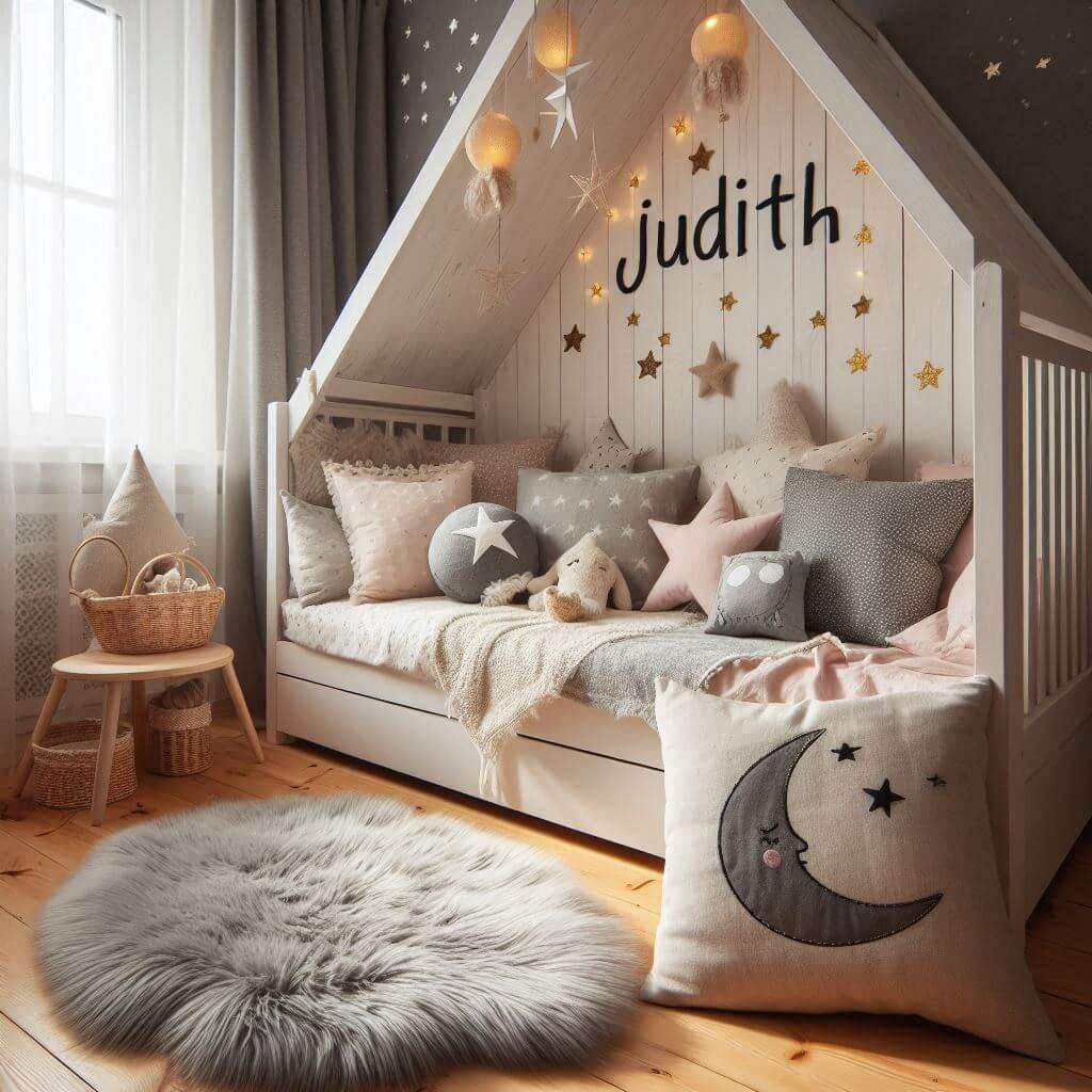 Une chambre de petite fille qui se nomme judith avec un lit cabane un tapis de fourrure style scandinave coussins en forme d etoiles coussins en forme de lune judith est brode sur