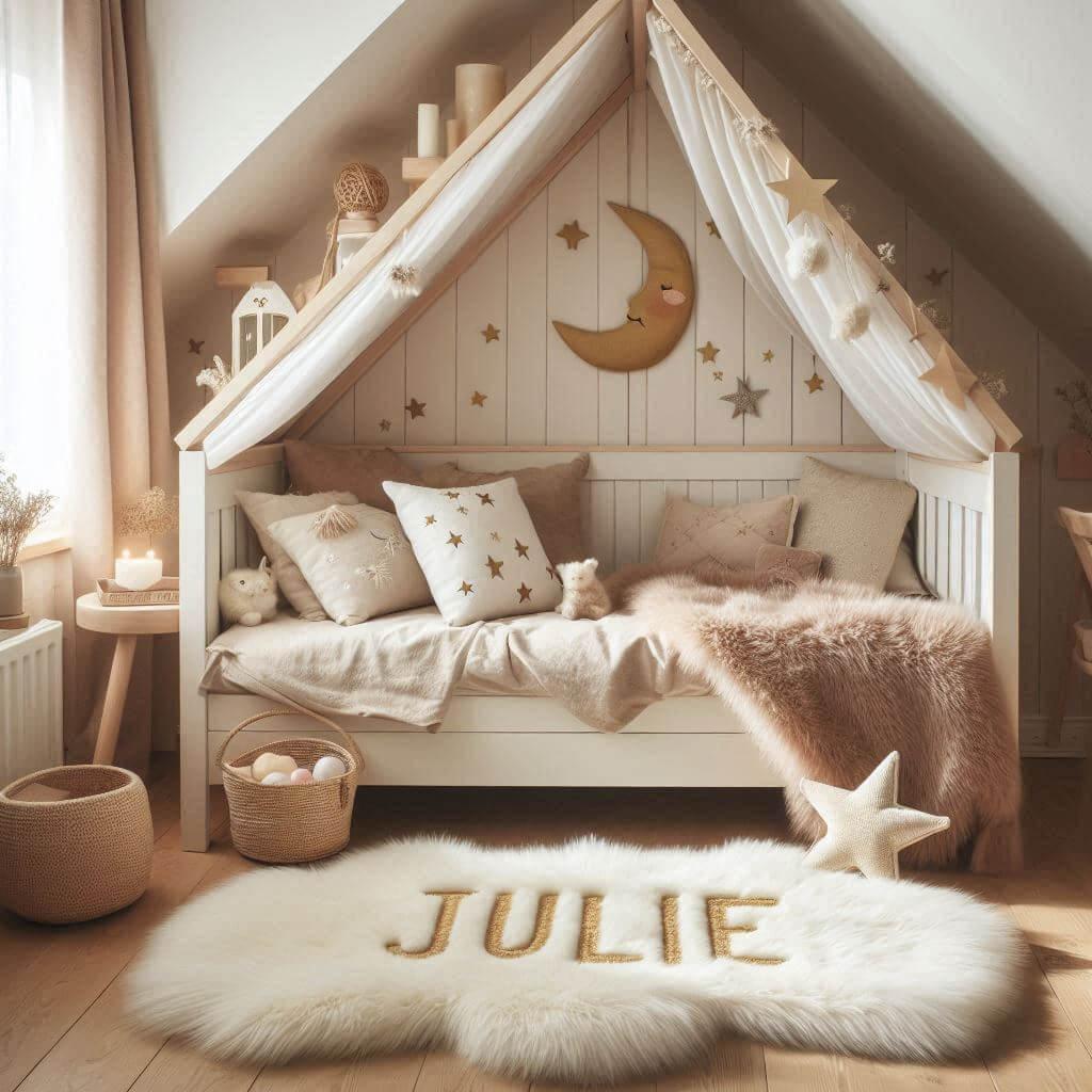 Une chambre de petite fille qui se nomme julie avec un lit cabane un tapis de fourrure style scandinave