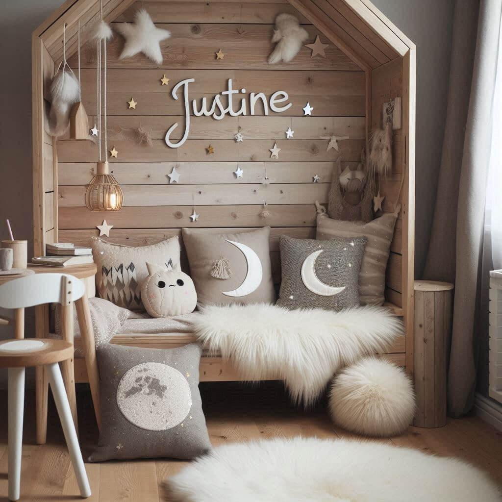 Une chambre de petite fille qui se nomme justine avec un lit cabane un tapis de fourrure style scandinave des coussins en forme d etoiles et de lune avec justine brode sur un couss