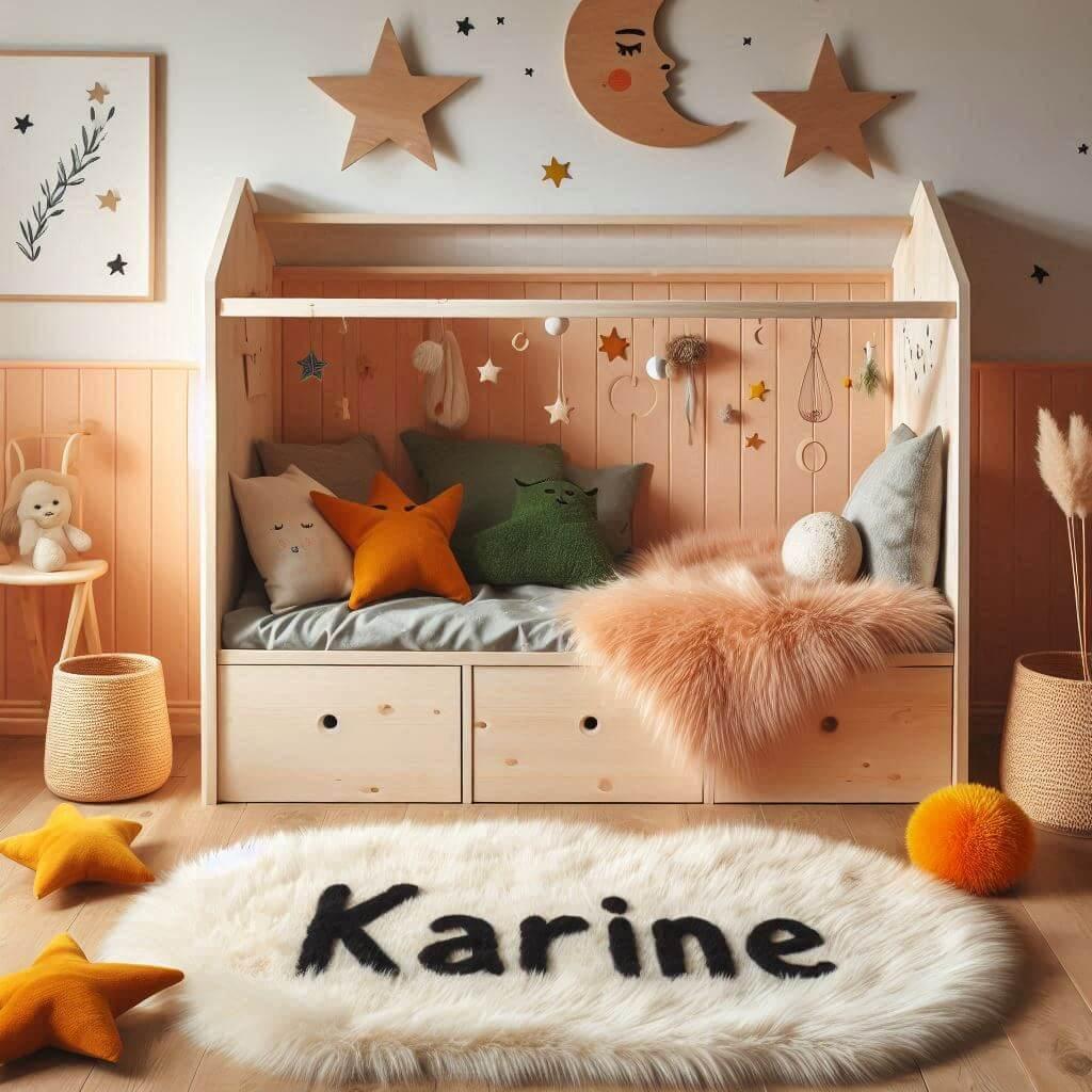 Une chambre de petite fille qui se nomme karine avec un lit cabane montessori un tapis de fourrure style scandinave coussins en forme d etoiles coussins en forme de lune le prenom