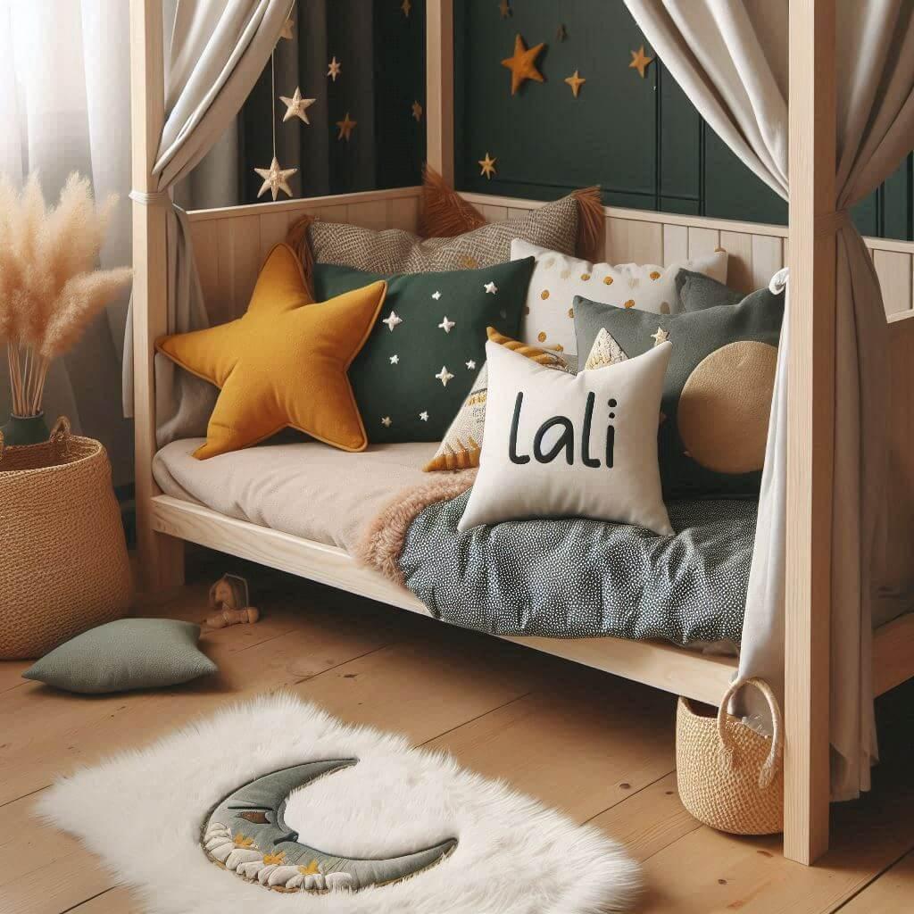 Une chambre de petite fille qui se nomme lali avec un lit cabane un tapis de fourrure style scandinave coussins en forme d etoiles coussins en forme de lune lali est brode sur un c