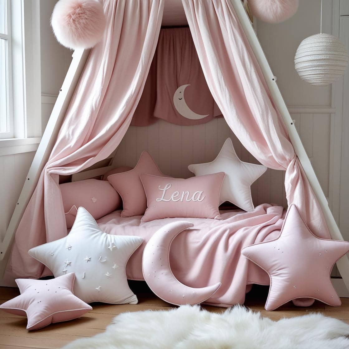 Une chambre de petite fille qui se nomme lena avec un lit cabane un tapis de fourrure style scandinave coussins en forme d etoiles coussins en forme de lune couleurs rose poudre bl