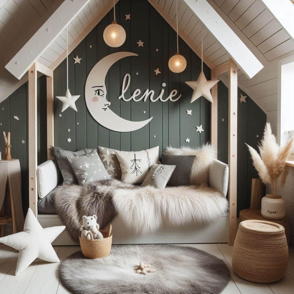 Une chambre de petite fille qui se nomme lenie avec un lit cabane un tapis de fourrure style scandinave coussins en forme d etoiles coussins en forme de lune lenie est brode sur un