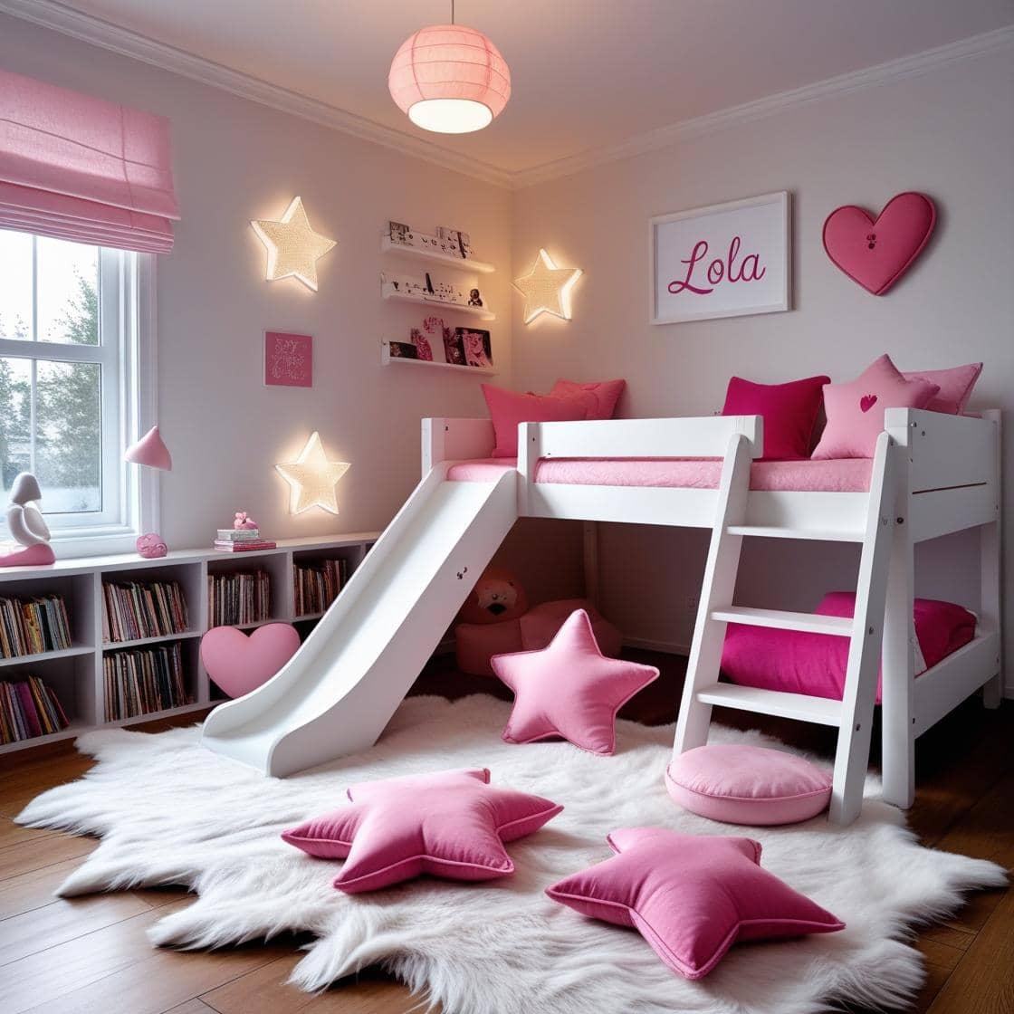 Une chambre de petite fille qui se nomme lola avec un lit cabane tobogan et echelle blanc un tapis de fourrure style scandinave 3 coussins en forme d etoiles coussins en forme de l
