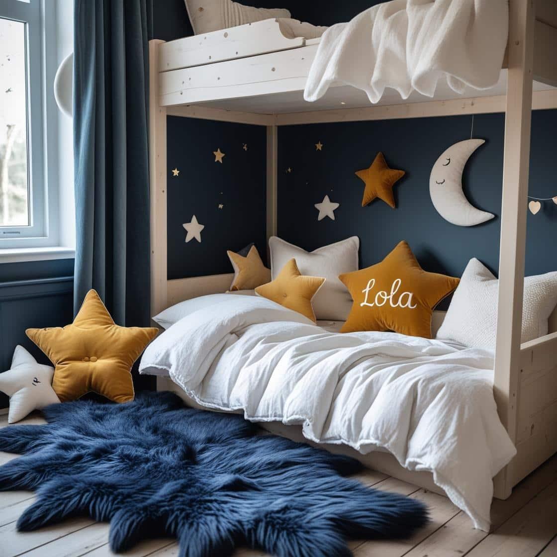 Une chambre de petite fille qui se nomme lola avec un lit cabane un tapis de fourrure style scandinave coussins en forme d etoiles coussins en forme de lune couleurs bleu fonce mou