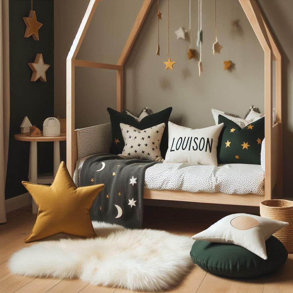 Une chambre de petite fille qui se nomme louison avec un lit cabane un tapis de fourrure style scandinave des coussins en forme d etoiles et de lune louison est brode sur un coussi