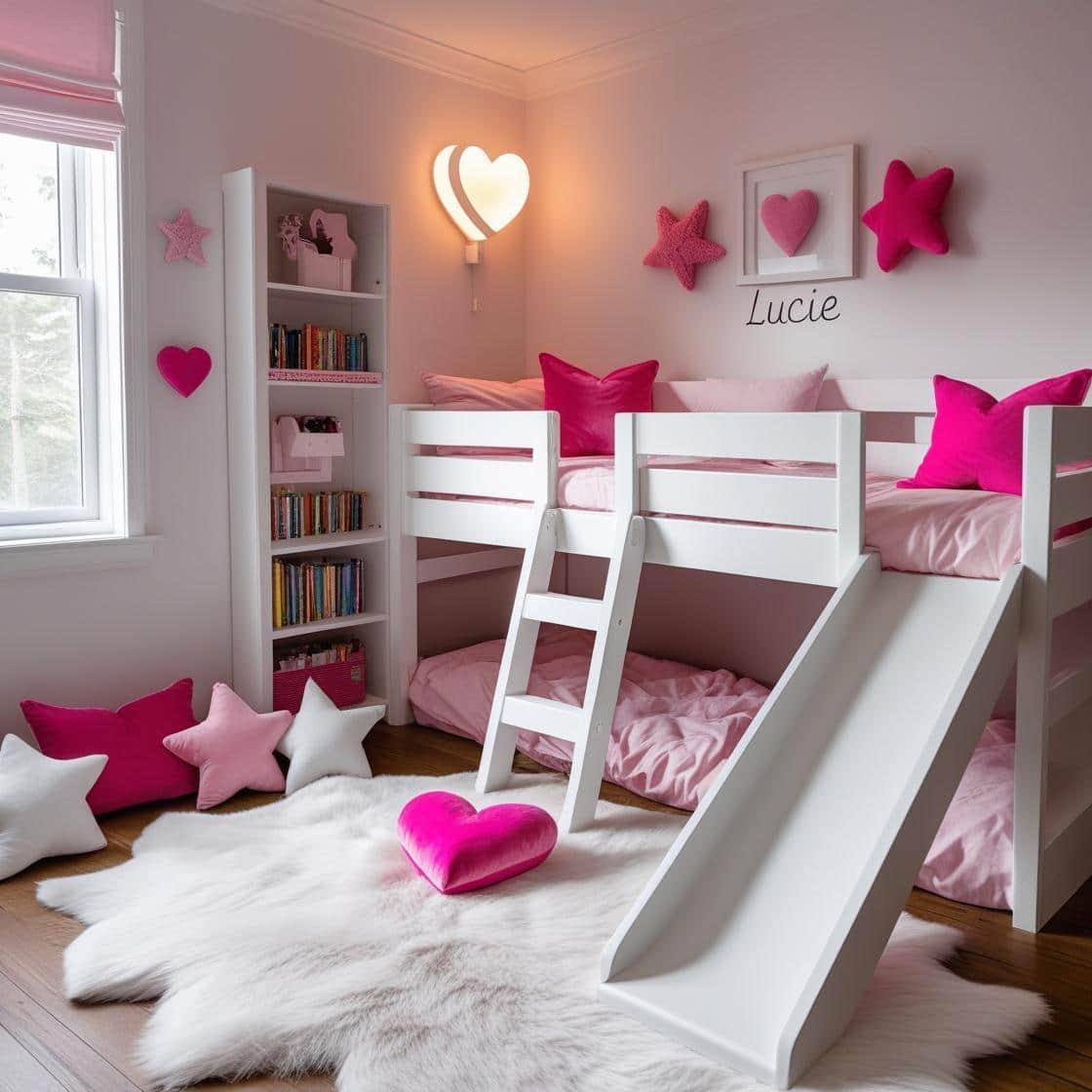Une chambre de petite fille qui se nomme lucie avec un lit cabane tobogan et echelle blanc un tapis de fourrure style scandinave 3 coussins en forme d etoiles coussins en forme de