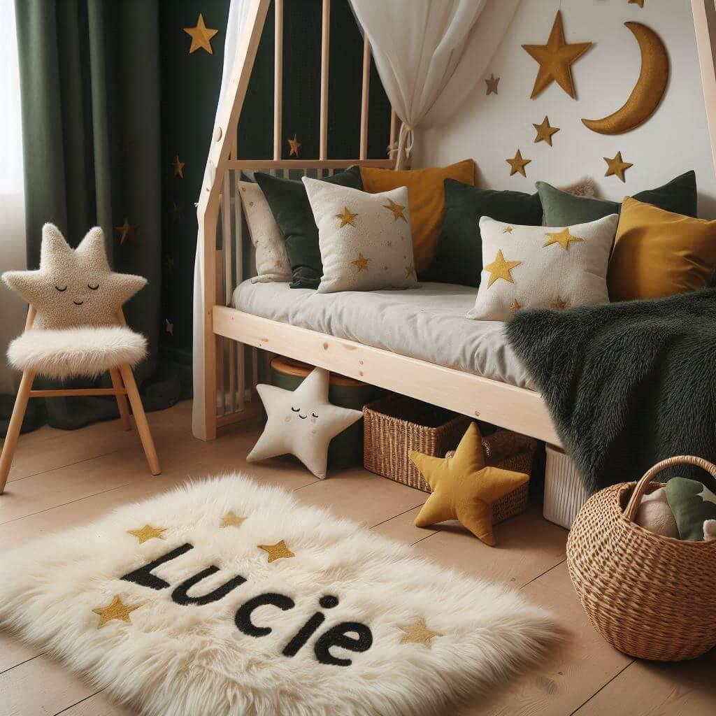 Une chambre de petite fille qui se nomme lucie avec un lit cabane un tapis de fourrure style scandinave coussins en forme d etoiles coussins en forme de lune lucie est brode sur un