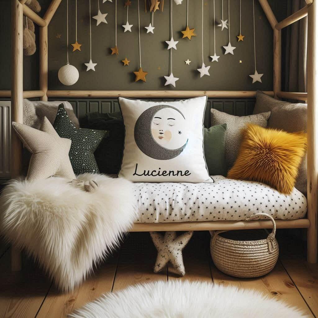 Une chambre de petite fille qui se nomme lucienne avec un lit cabane un tapis de fourrure style scandinave coussins en forme d etoiles coussins en forme de lune lucienne est brode
