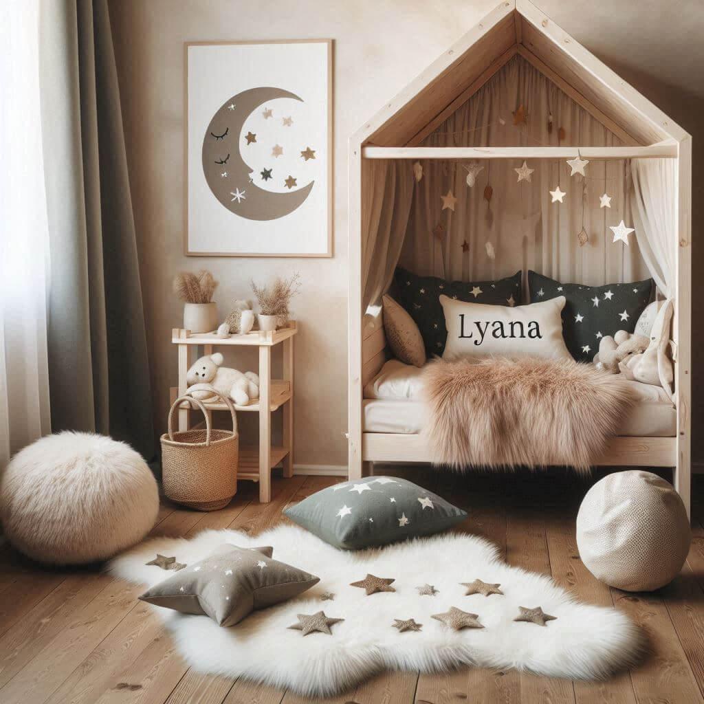 Une chambre de petite fille qui se nomme lyana avec un lit cabane un tapis de fourrure style scandinave des coussins en forme d etoiles et de lune le prenom lyana est brode sur un