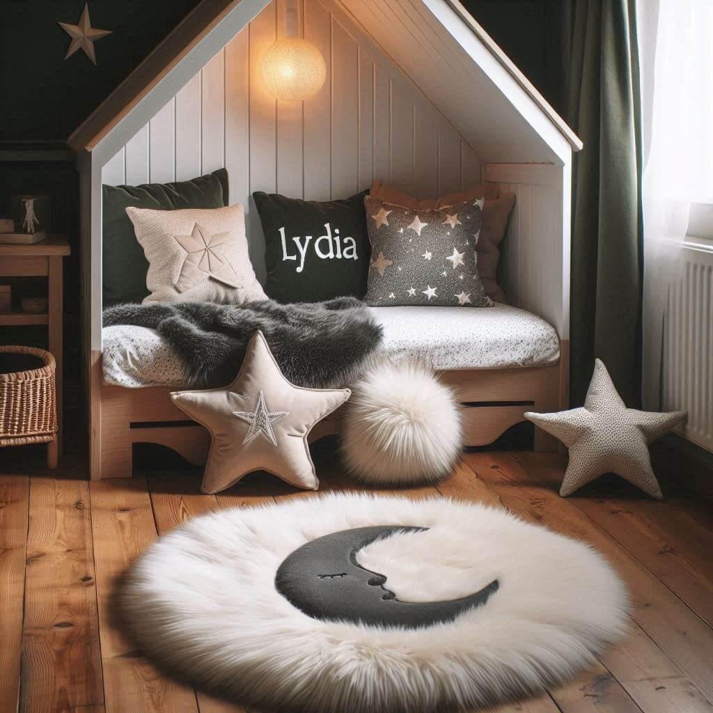 Une chambre de petite fille qui se nomme lydia avec un lit cabane un tapis de fourrure style scandinave coussins en forme d etoiles coussins en forme de lune lydia est brode sur un
