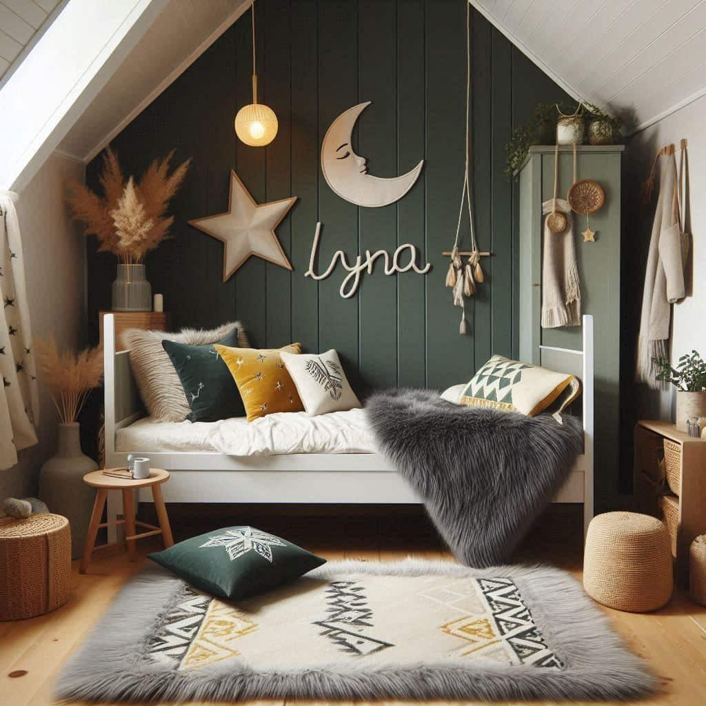 Une chambre de petite fille qui se nomme lyna avec un lit cabane un tapis de fourrure style scandinave coussins en forme d etoiles coussins en forme de lune lyna est brode sur un c