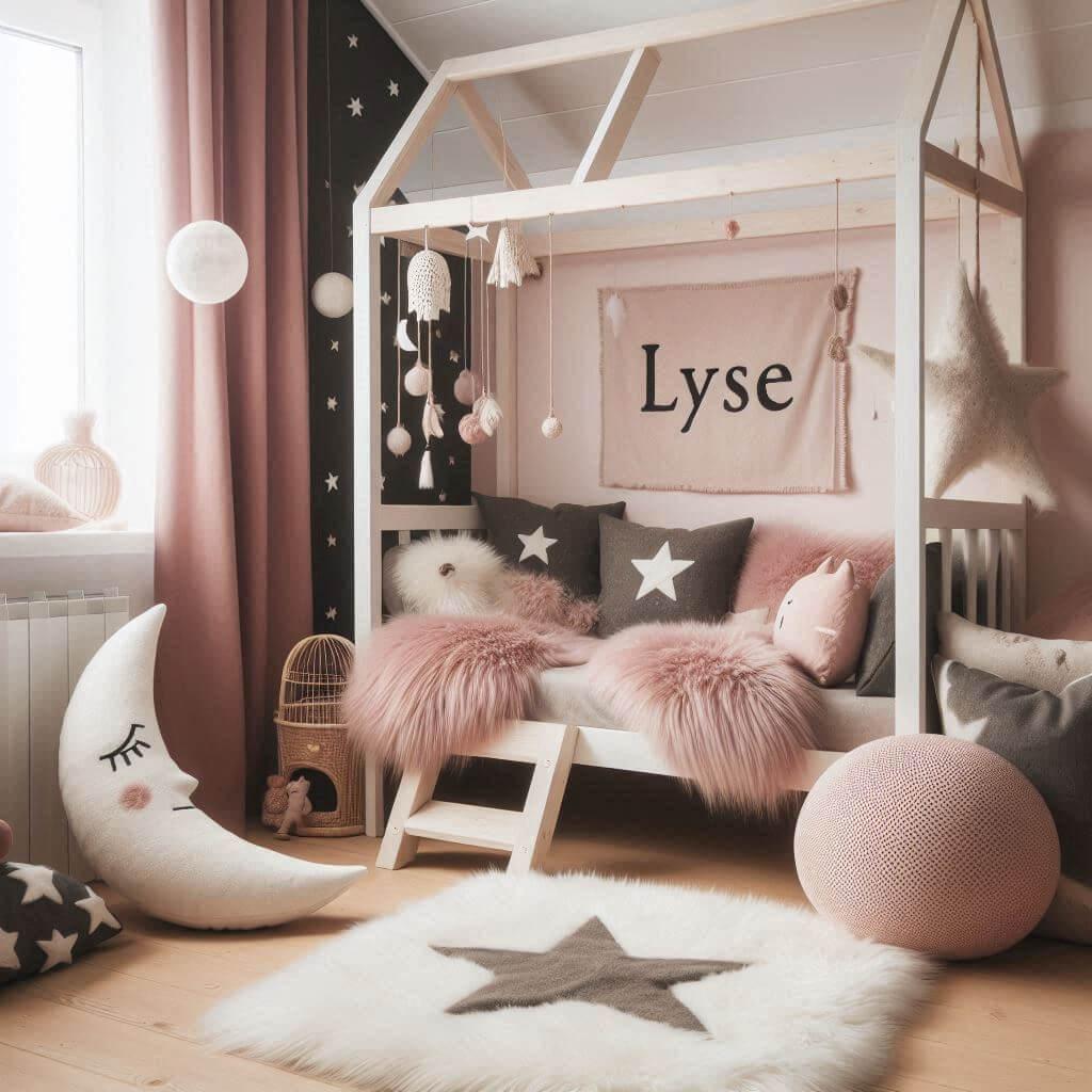 Une chambre de petite fille qui se nomme lyse avec un lit cabane un tapis de fourrure style scandinave coussins en forme d etoiles coussins en forme de lune lyse est brode sur un c