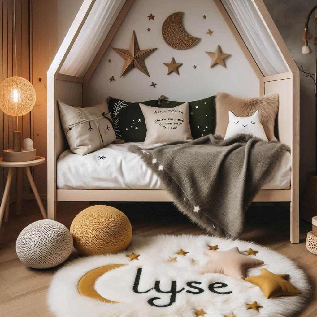 Une chambre de petite fille qui se nomme lyse avec un lit cabane un tapis de fourrure style scandinave coussins en forme d etoiles coussins en forme de lune lyse est brode sur un c