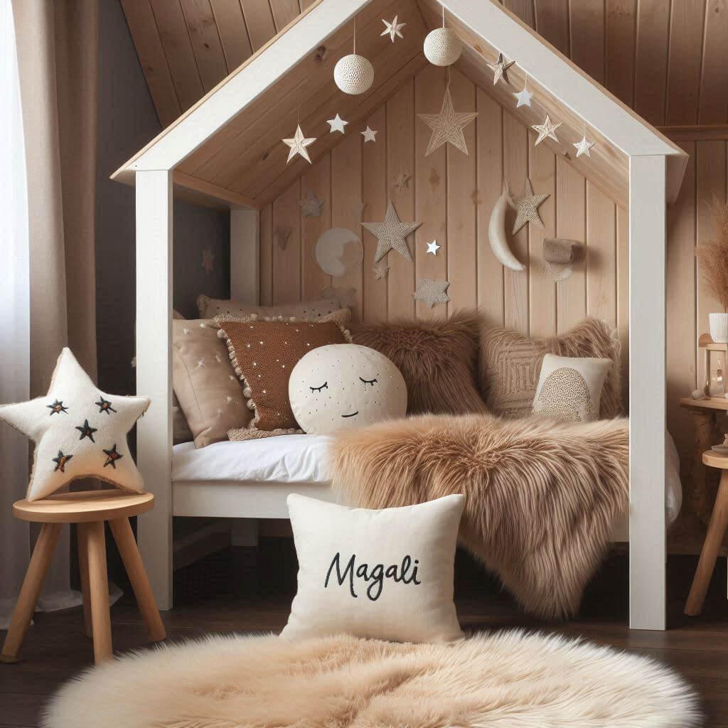 Une chambre de petite fille qui se nomme magali avec un lit cabane un tapis de fourure style scandinave coussins en forme detoiles coussins en forme de lune magali est brode sur un