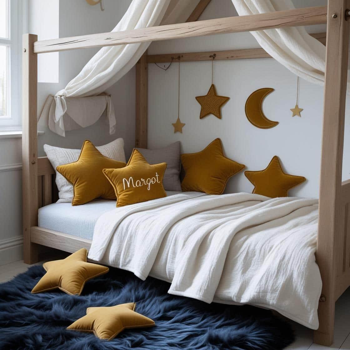 Une chambre de petite fille qui se nomme margot avec un lit cabane un tapis de fourrure style scandinave coussins en forme d etoiles coussins en forme de lune couleurs bleu fonce m