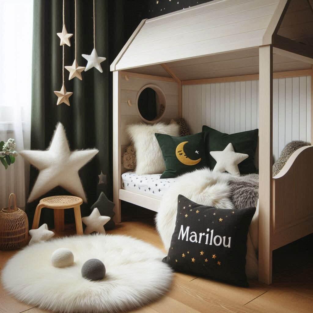Une chambre de petite fille qui se nomme marilou avec un lit cabane un tapis de fourrure style scandinave coussins en forme d etoiles coussins en forme de lune marilou est brode su