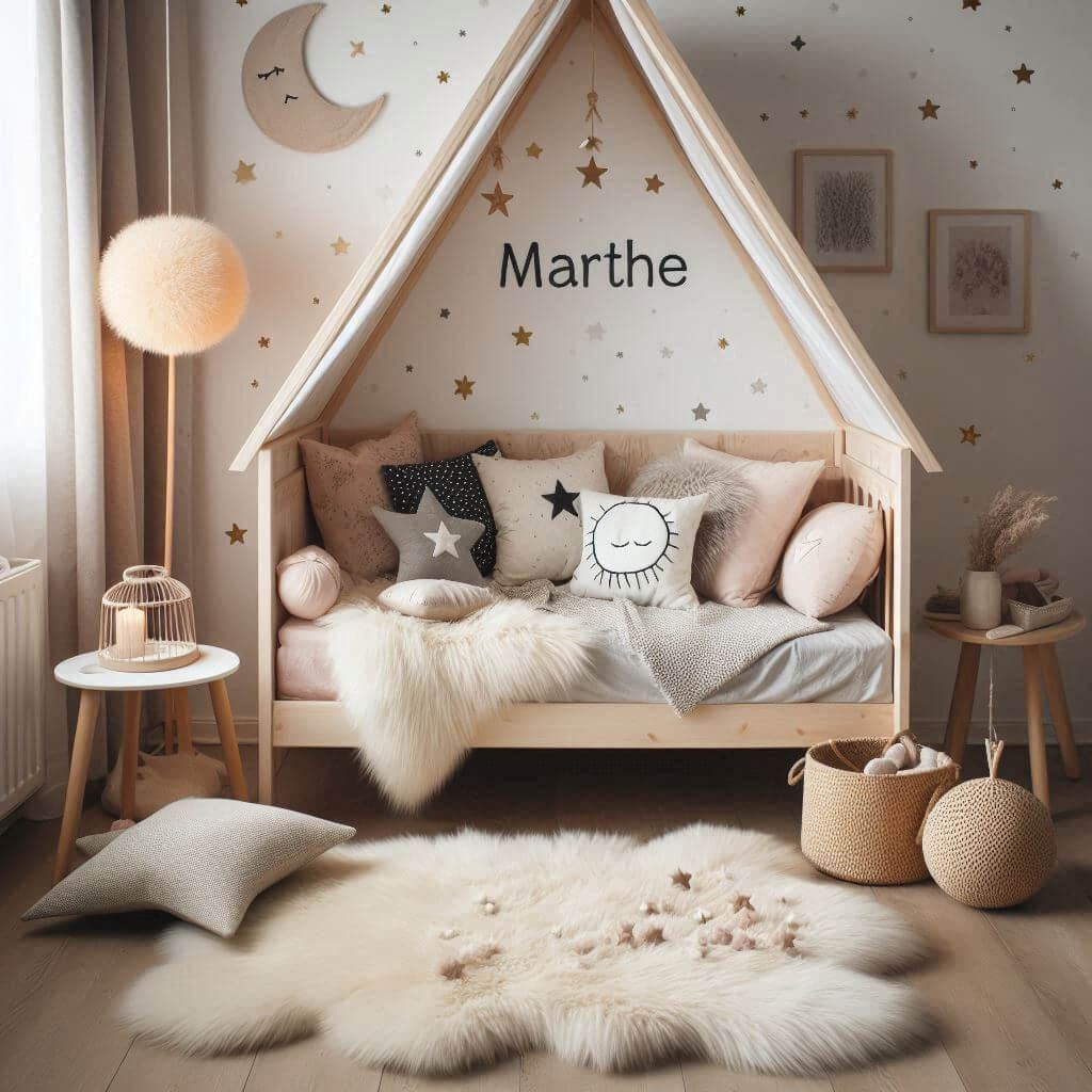 Une chambre de petite fille qui se nomme marthe avec un lit cabane un tapis de fourrure style scandinave coussins en forme d etoiles coussins en forme de lune marthe est brode sur