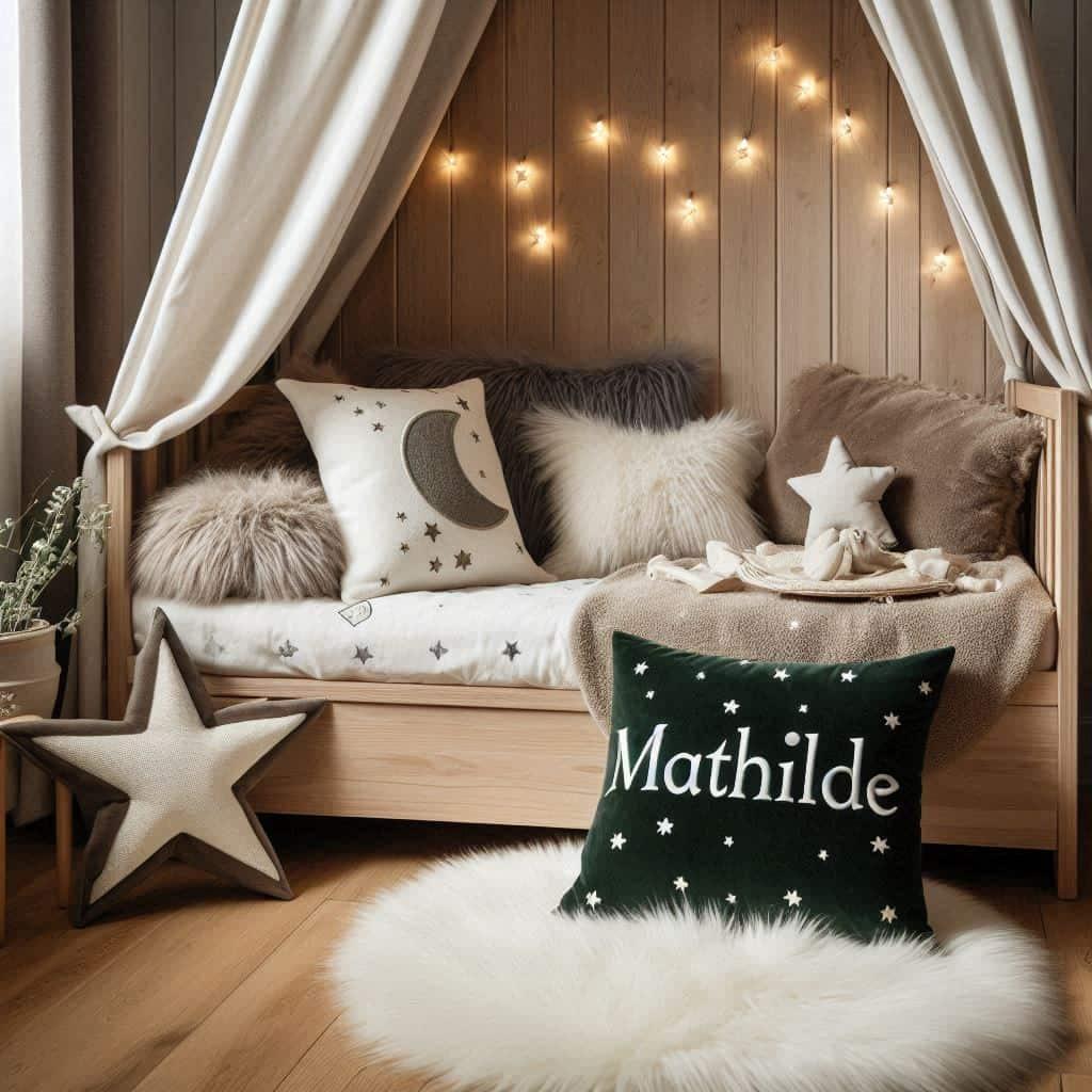 Une chambre de petite fille qui se nomme mathilde avec un lit cabane un tapis de fourrure style scandinave coussins en forme d etoiles coussins en forme de lune mathilde est brode