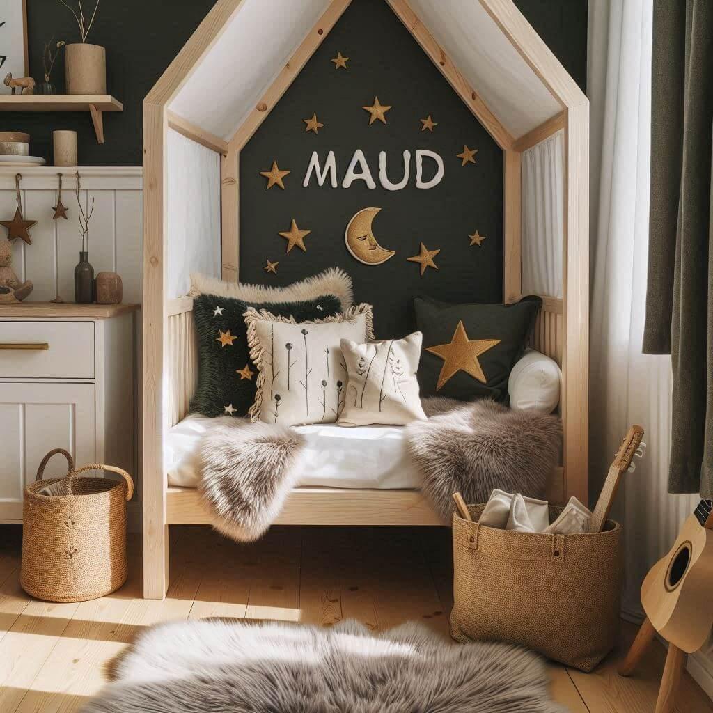 Une chambre de petite fille qui se nomme maud avec un lit cabane un tapis de fourrure style scandinave coussins en forme d etoiles coussins en forme de lune maud est brode sur un c