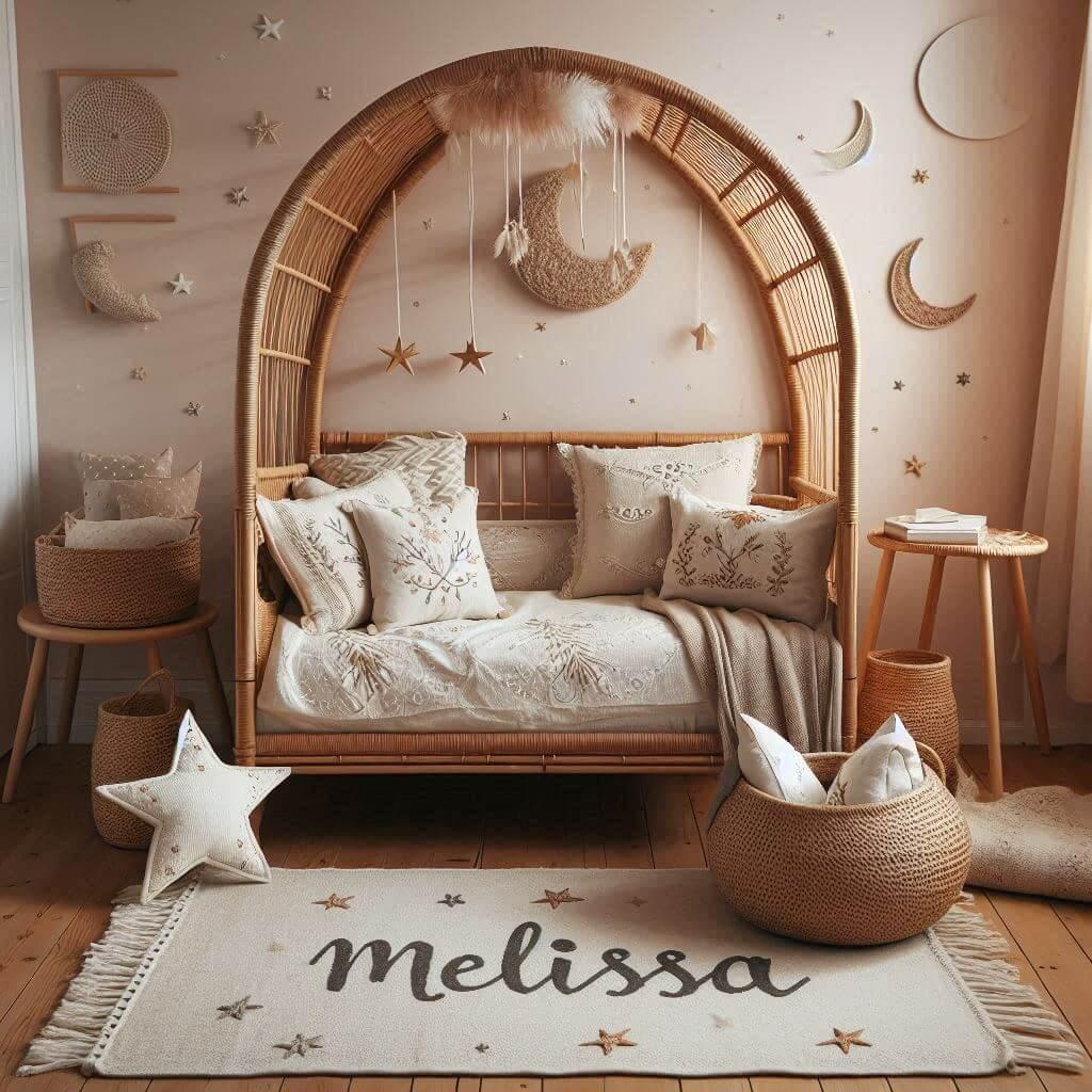Une chambre de petite fille qui se nomme melissa avec un lit cabane en rotin un tapis en laine moelleuse style boheme chic une deco douce et naturelle des coussins en lin brode en