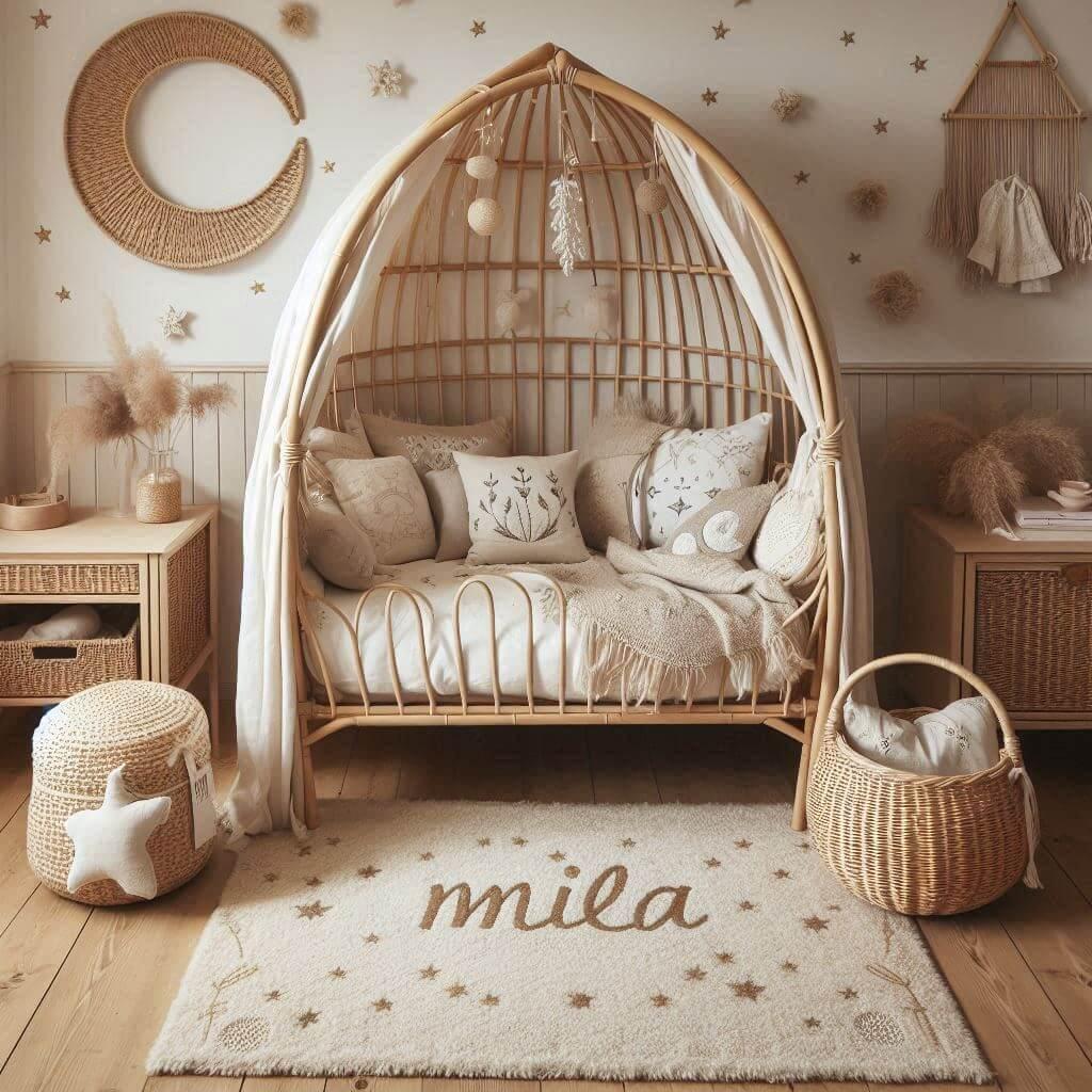Une chambre de petite fille qui se nomme mila avec un lit cabane en rotin un tapis en laine moelleuse style boheme chic une deco douce et naturelle des coussins en lin brode en for