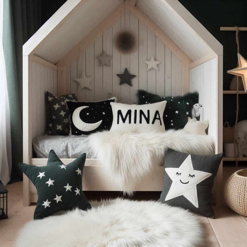 Une chambre de petite fille qui se nomme mina avec un lit cabane un tapis de fourrure style scandinave coussins en forme d etoiles coussins en forme de lune mina est brode sur un c