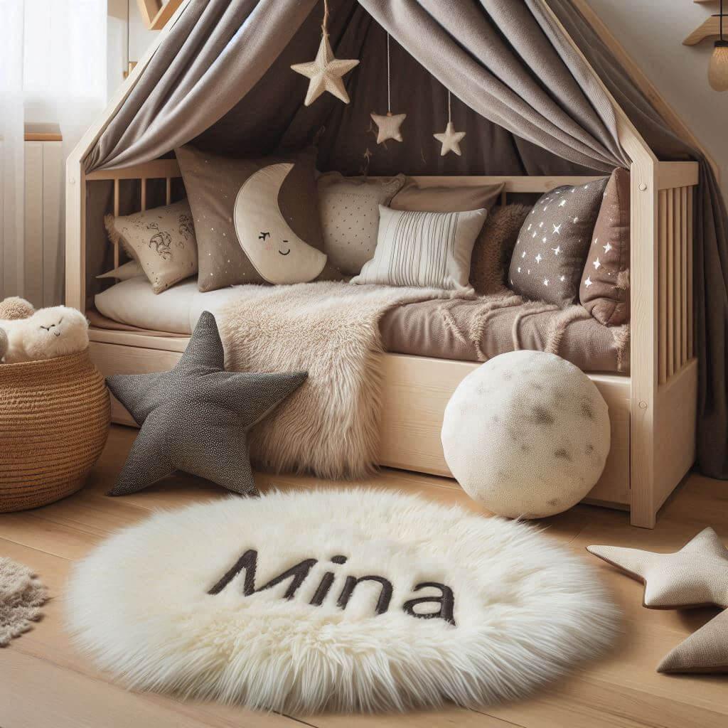 Une chambre de petite fille qui se nomme mina avec un lit cabane un tapis de fourure style scandinave coussins en forme detoiles coussins en forme de lune mina est brode sur un cou